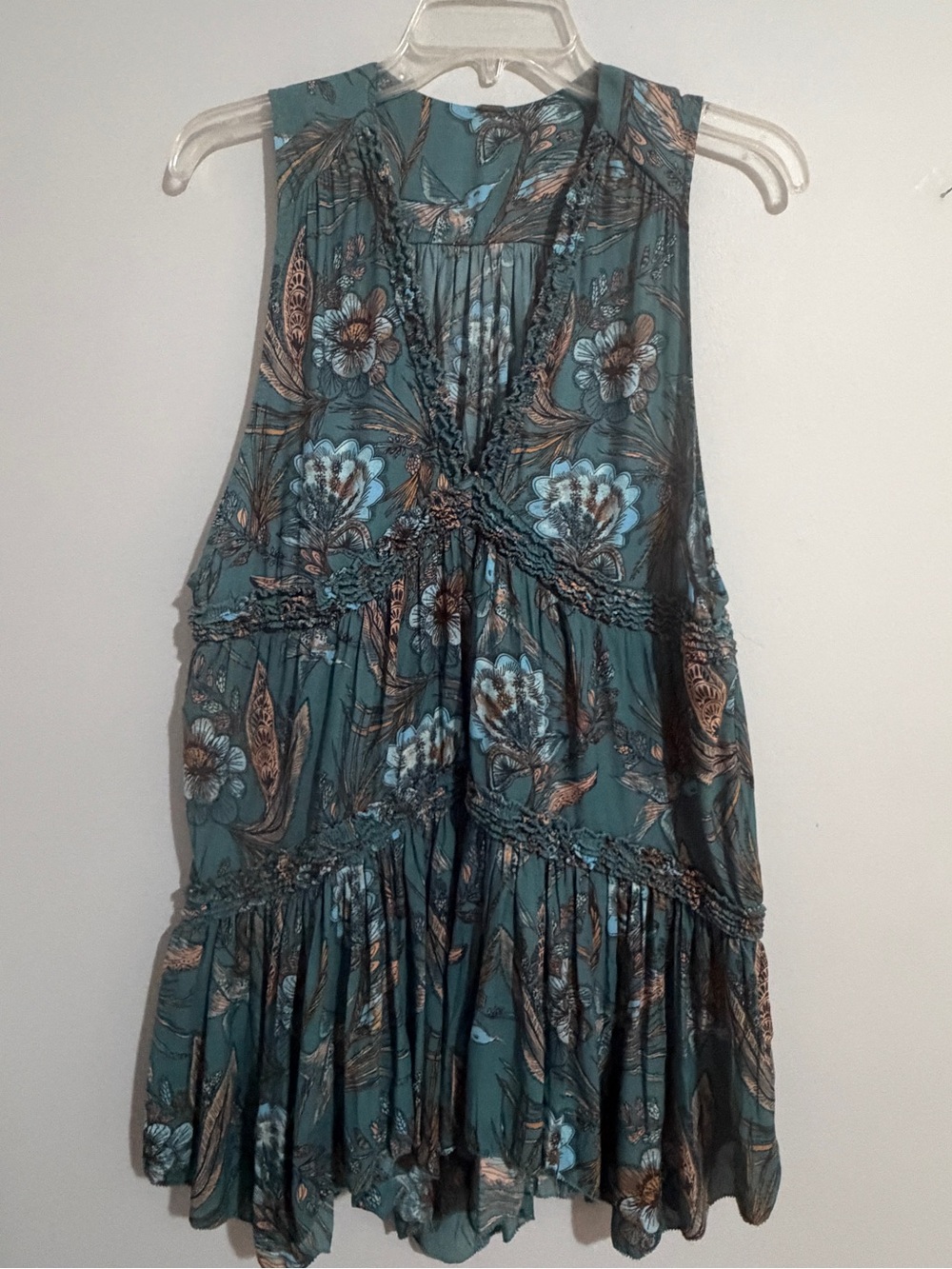 Free People Teal Floral Tiered Tunic- Small